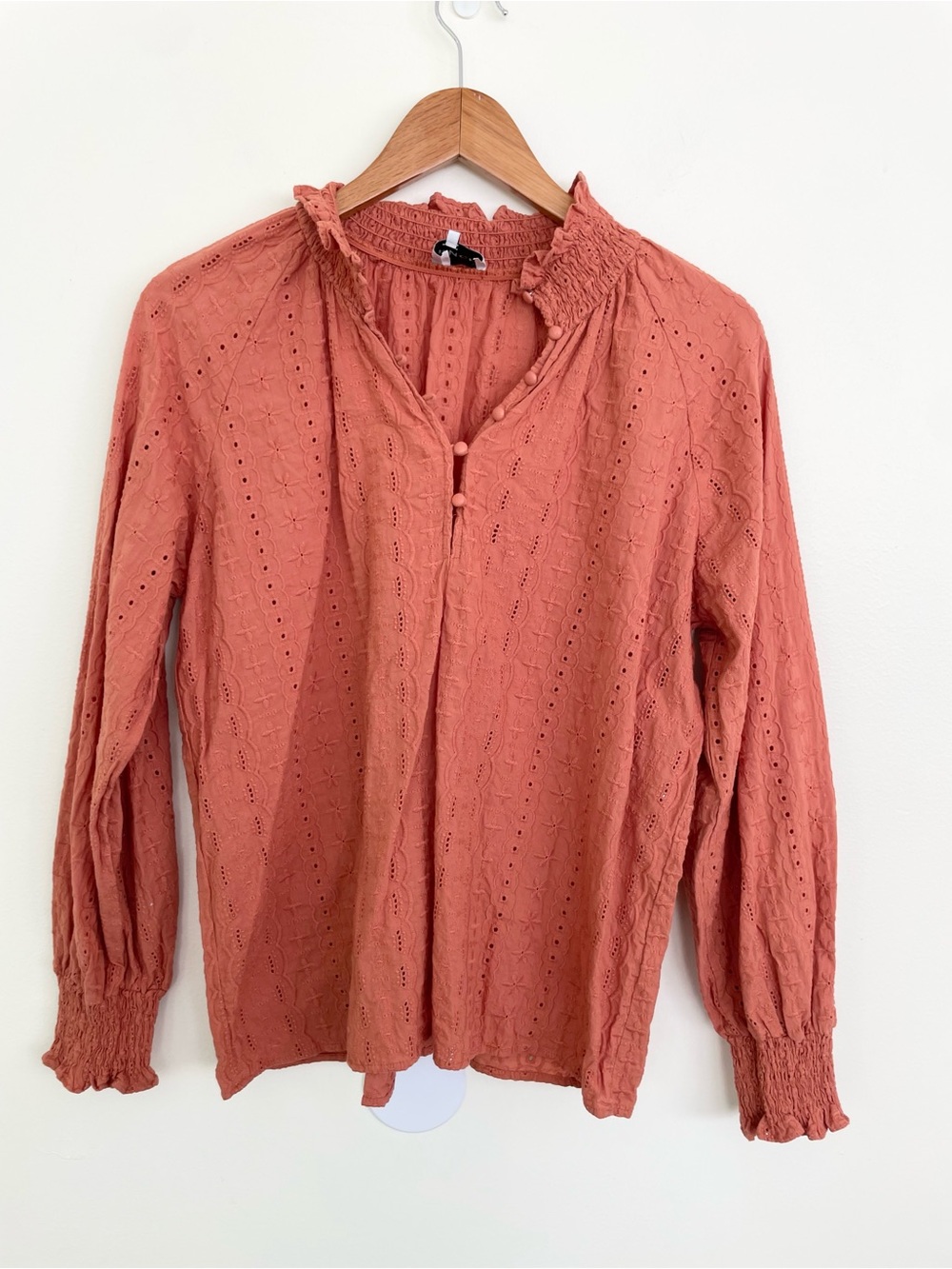 FRNCH Rust Orange Eyelet Embroidered Long Sleeve Blouse S Small Vneck